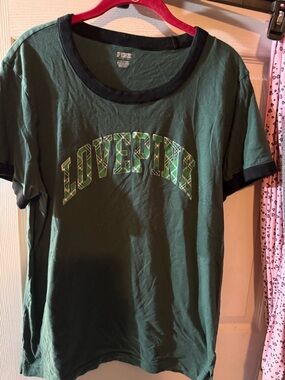 PINK Victoria's Secret Green Short Sleeve Ringer Tee with Black Trim